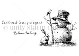 Black-and-white stamp art of a top-hatted snowman with a bird perch and a bunny, plus 'Can't wait to see you again!' and 'It's been too long.'