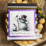 Card with the snowman and bunny on a purple-framed panel: 'Can't wait to see you again!'