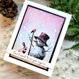 Card with the snowman, bird, and pink bunny under a purple sky: 'Can't wait to see you again!'