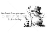 Red rubber stamp sheet with a snowman holding a twig broom, a rabbit at his feet and a bird on a branch, alongside 'Can't wait to see you again!' and 'It's been too long.'