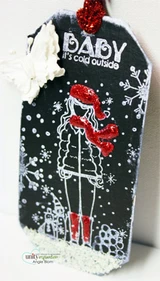 Chalkboard-style sample tag with Jacqueline in white with a red glitter hat and scarf and 'BABY it's cold outside'.