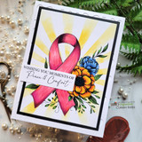 Handmade card featuring the floral awareness ribbon surrounded by blooms, in pink on a soft floral panel, stamped with 'Remember how loved you are'.
