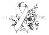 Red rubber stamp sheet with an awareness ribbon wrapped in flowers and leaves, drawn in fine detail as a single focal image.