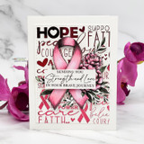 Card with a pink ribbon word background and floral accents and 'Sending you strength and love in your brave journey.'