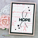 Card with a pink-and-black word-collage awareness ribbon and a bold 'HOPE' sentiment.