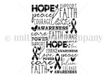 Line-art stamp sheet of a cancer-awareness ribbon formed from words like HOPE, FAITH, COURAGE, LOVE, AWARENESS, PEACE and BELIEVE.