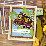 Tigger lounges on a mossy log with 'Life's all about the bounce back,' a Winnie the Pooh red rubber stamp shown on a handmade card.