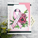 An awareness ribbon framed by flowers and a HOPE word background with 'Keep fighting,' a red rubber support stamp shown on a card.