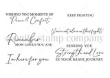 Line-art stamp sheet: awareness ribbon sentiments including 'Keep fighting' and 'You're not alone in this fight,' red rubber stamps, Unity Stamp Co.