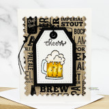 Card of a frothy beer mug with "cheers" over the black beer-typography panel.