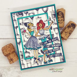 Handmade card featuring the all-over background of wine and cocktail glasses, with friends toasting together, stamped with 'Cheers'.