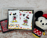 A handmade card featuring vintage-style Mickey and Minnie Mouse from Unity Stamp Co's Mousin' Around: Hiya, Pal red rubber stamp set, with the sentiment 'Hiya, Pal'.