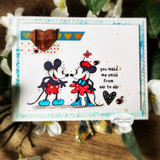 A cardmaking project featuring vintage-style Mickey and Minnie Mouse from Unity Stamp Co's Mousin' Around: Hiya, Pal red rubber stamp set, with the sentiment 'Gosh, I sure do miss you.'.