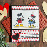 A stamped card showcasing vintage-style Mickey and Minnie Mouse from Unity Stamp Co's Mousin' Around: Hiya, Pal red rubber stamp set, with the sentiment 'Happy Valentine's Day!'.