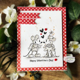 A handmade greeting card with vintage-style Mickey and Minnie Mouse from Unity Stamp Co's Mousin' Around: Hiya, Pal red rubber stamp set, with the sentiment 'You make me smile from ear to ear'.