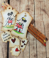 A colored card featuring vintage-style Mickey and Minnie Mouse from Unity Stamp Co's Mousin' Around: Hiya, Pal red rubber stamp set, with the sentiment 'Hiya, Pal'.