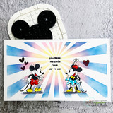 A cardmaking project featuring vintage-style Mickey and Minnie Mouse from Unity Stamp Co's Mousin' Around: Hiya, Pal red rubber stamp set, with the sentiment 'Happy Valentine's Day!'.