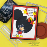 A stamped card showcasing vintage-style Mickey and Minnie Mouse from Unity Stamp Co's Mousin' Around: Hiya, Pal red rubber stamp set, with the sentiment 'You make me smile from ear to ear'.
