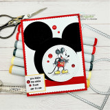 A colored card featuring vintage-style Mickey and Minnie Mouse from Unity Stamp Co's Mousin' Around: Hiya, Pal red rubber stamp set, with the sentiment 'Gosh, I sure do miss you.'.