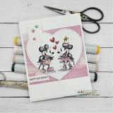 A handmade greeting card with vintage-style Mickey and Minnie Mouse from Unity Stamp Co's Mousin' Around: Hiya, Pal red rubber stamp set, with the sentiment 'Gosh, I sure do miss you.'.