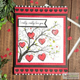 A card project showing a whimsical swirled tree hung with hearts, paired with the greeting "I really, really love you."