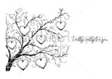 Line-art red rubber stamp set 'I Really Love You' showing a whimsical swirled tree hung with hearts and the sentiment 'I really, really love you.'