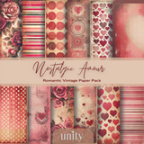 Nostalgic Amour 6x6 romantic vintage paper pack — roses and hearts in muted red, pink and cream.