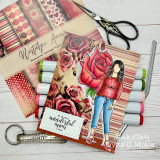 Card using the paper pack: a girl holding roses layered over the vintage romantic prints.