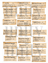 Sheet of Definition of Love ephemera tiles, small dictionary-style word tiles — love, sweet, affection, adore, passion, cherish and more — each with its meaning, for Valentine cards and journals.
