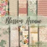 Blossom Avenue 6x6 paper pack. Vintage botanical and floral striped papers in soft aged tones, labeled 'Blossom Avenue.'