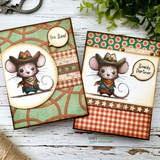 Two cowboy-mouse cards built on Blossom Avenue rustic floral papers.