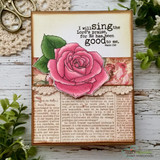 Pink rose card layered over aged Blossom Avenue text papers.