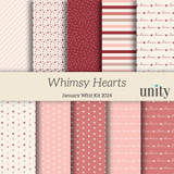 Cover of the Whimsy Hearts 6x6 paper pack, sweet pink, red and coral Valentine patterns — tossed hearts, dots, stripes and 'love' script — labeled 'Whimsy Hearts'.
