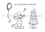 Line-art red rubber stamp of a vintage cartoon mouse with a party horn, balloon and tiered cake, 'let the birthday fun begin!'