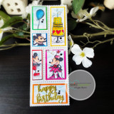 Slimline card with a strip of colored mouse, cake and balloon images, 'happy birthday.'