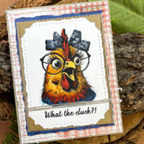 A handmade card featuring a wide-eyed hen in round glasses and a hair bow from Unity Stamp Co's What the Cluck?! red rubber stamp set, with the sentiment 'What the cluck?!'.