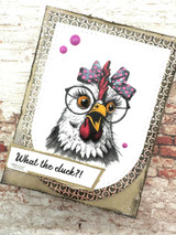 A stamped card showcasing a wide-eyed hen in round glasses and a hair bow from Unity Stamp Co's What the Cluck?! red rubber stamp set, with the sentiment 'Plot twist.'.