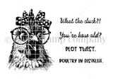 The What the Cluck?! red rubber stamp set from Unity Stamp Co - a wide-eyed hen in round glasses and a hair bow, with sentiments including: What the cluck?!; You're how old?; Plot twist..