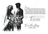 Black-and-white stamp art of a bride-and-groom floral silhouette, with 'Forever starts today,' 'From this day forward,' and the 'Love is patient' scripture.