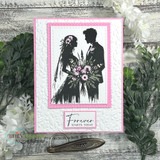 Card with the bride-and-groom silhouette in a pink frame: 'Forever starts today.'