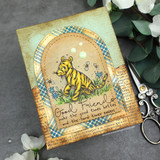 Card of Tigger sitting among flowers and bees in an arched window, 'good friend' sentiment.