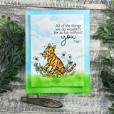 Card of Tigger in grass under a blue sky, 'all of the things we do wouldn't be as fun without you.'