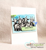 Blue snowy-texture card of the barnyard crowd with 'GREETINGS {from the funny farm}'