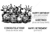 Red rubber stamp sheet: party-hat barnyard crowd with four sentiments including 'CONGRATULATIONS! {from the whole herd}' and 'HAPPY RETIREMENT {you suck}'