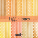 Cover of the Tigger Tones 6x6 paper pack from Unity Stamp Co — sunny stripes, polka dots and plaids in marmalade orange, gold and peach, with the title in dark script.
