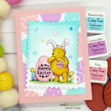 Sample card with pastel eggs framing a bear in bunny ears holding a basket, on a pink and aqua card.