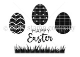 Egg Hunt red rubber stamp set: a zigzag striped egg, a polka dot egg, a solid egg, a grass strip, and 'HAPPY Easter'.
