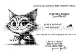 Red rubber stamp sheet: grinning bow-tie cat, fish bone, and five cheerful sentiments including 'Happy you-day! {cat approved}'