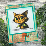 Collage card of the green-eyed tabby with 'May your day be filled with reasons to smile'