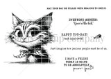 Red rubber stamp sheet: grinning bow-tie cat, fish bone, and five cheerful sentiments including 'Happy you-day! {cat approved}'